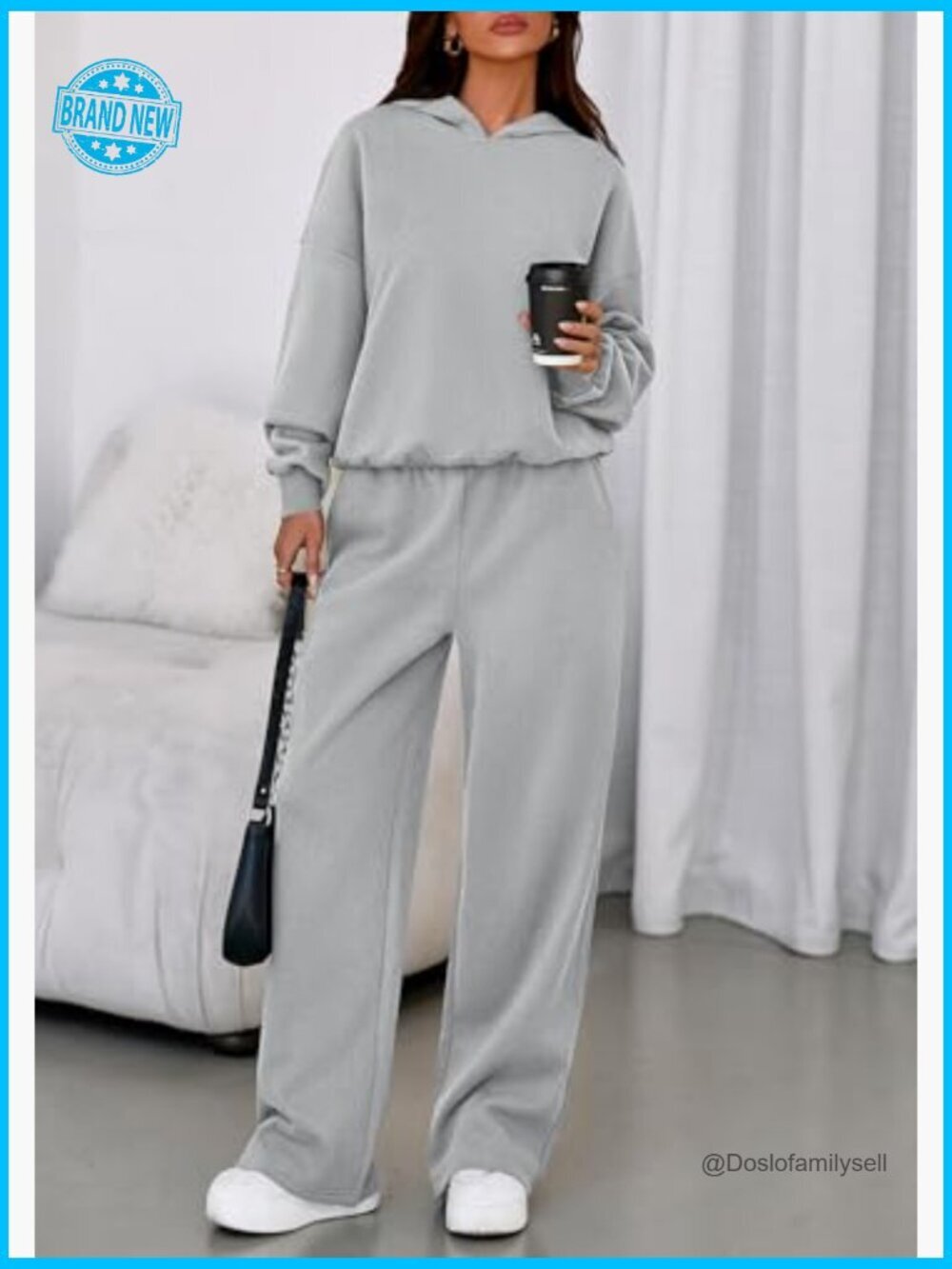 Cozy 2 Piece Hoodie & Wide Leg Sweatpants Set Loose Fit Tracksuit Lounge - Picture 2 of 7